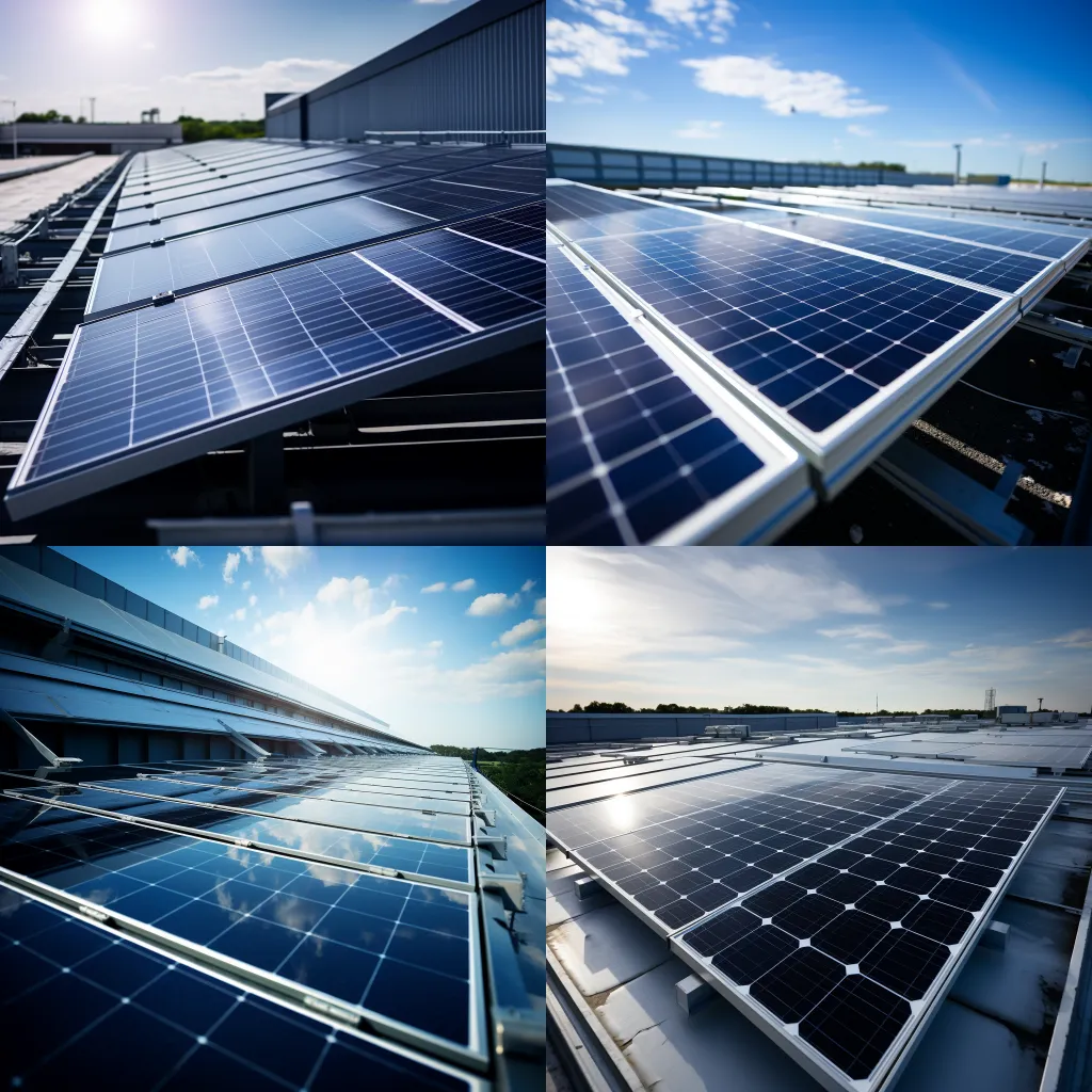 A close-up of solar panels on a commercial building roof, photo