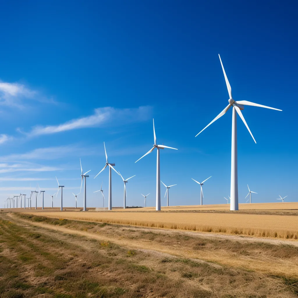 A wind turbine farm against a clear blue sky, photo