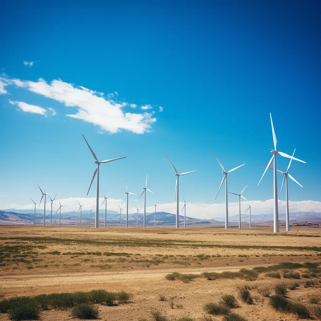 A wind turbine farm against a clear blue sky, photo