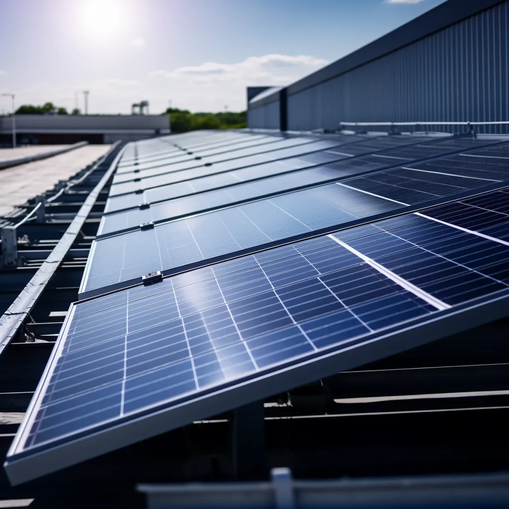 A close-up of solar panels on a commercial building roof, photo