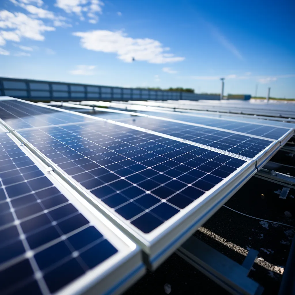 A close-up of solar panels on a commercial building roof, photo