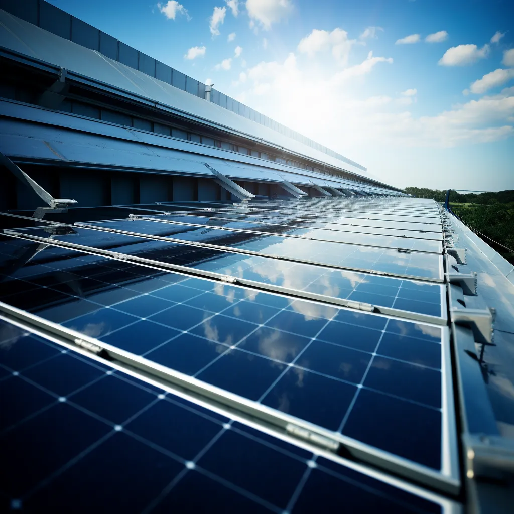 A close-up of solar panels on a commercial building roof, photo