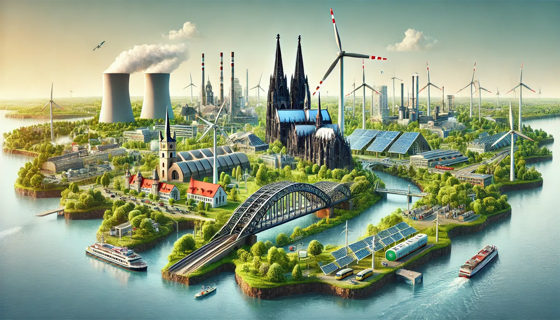 DALL·E 2024-10-15 16.16.25 - A creative map of North Rhine-Westphalia (NRW), showcasing famous landmarks like the Cologne Cathedral, Zollverein Coal Mine in Essen, and the Düsseld.webp